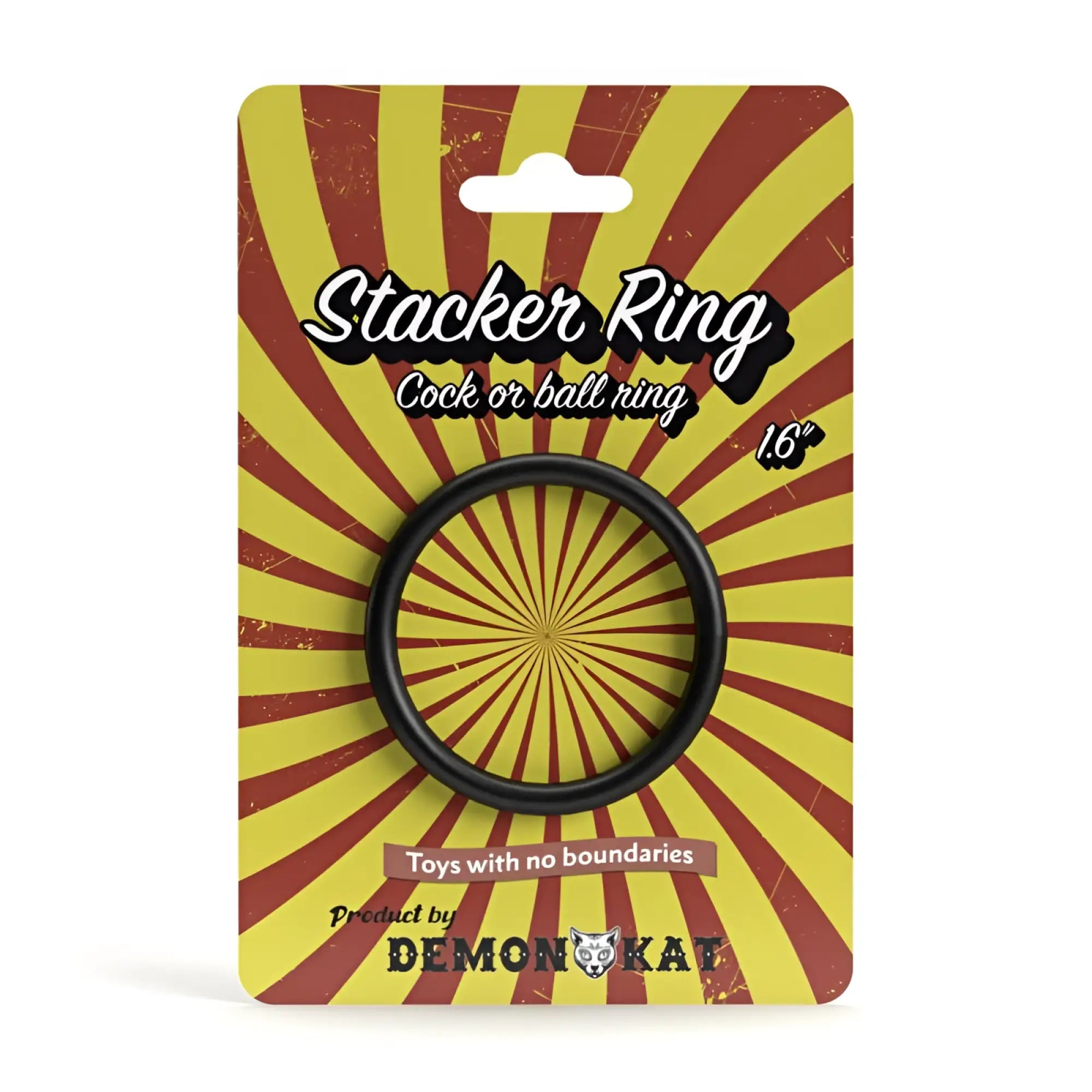 Black silicone stacker ring demon kat 1.6in 40mm in yellow and red sunburst package