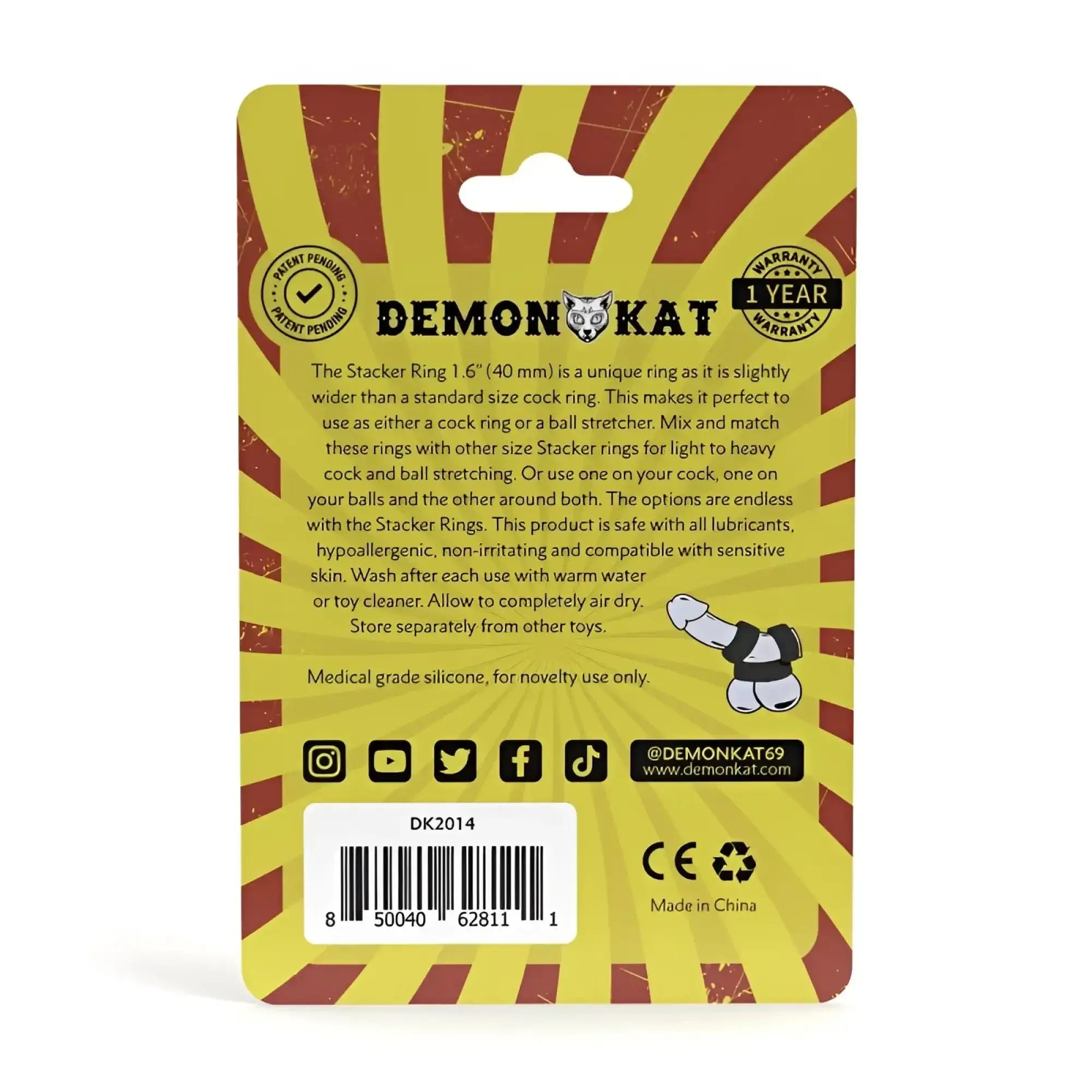 Demon Kat stacker ring 1.6 inch made of black and white medical grade silicone with cartoon demon cat logo packaging