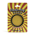 Black silicone demon kat stacker ring 1.8 inch diameter on yellow and red sunburst packaging card