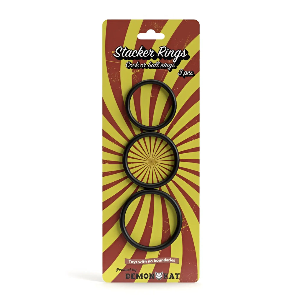 Demon kat stacker rings 3 pc set black silicone stacker rings in package with red and yellow sunburst design