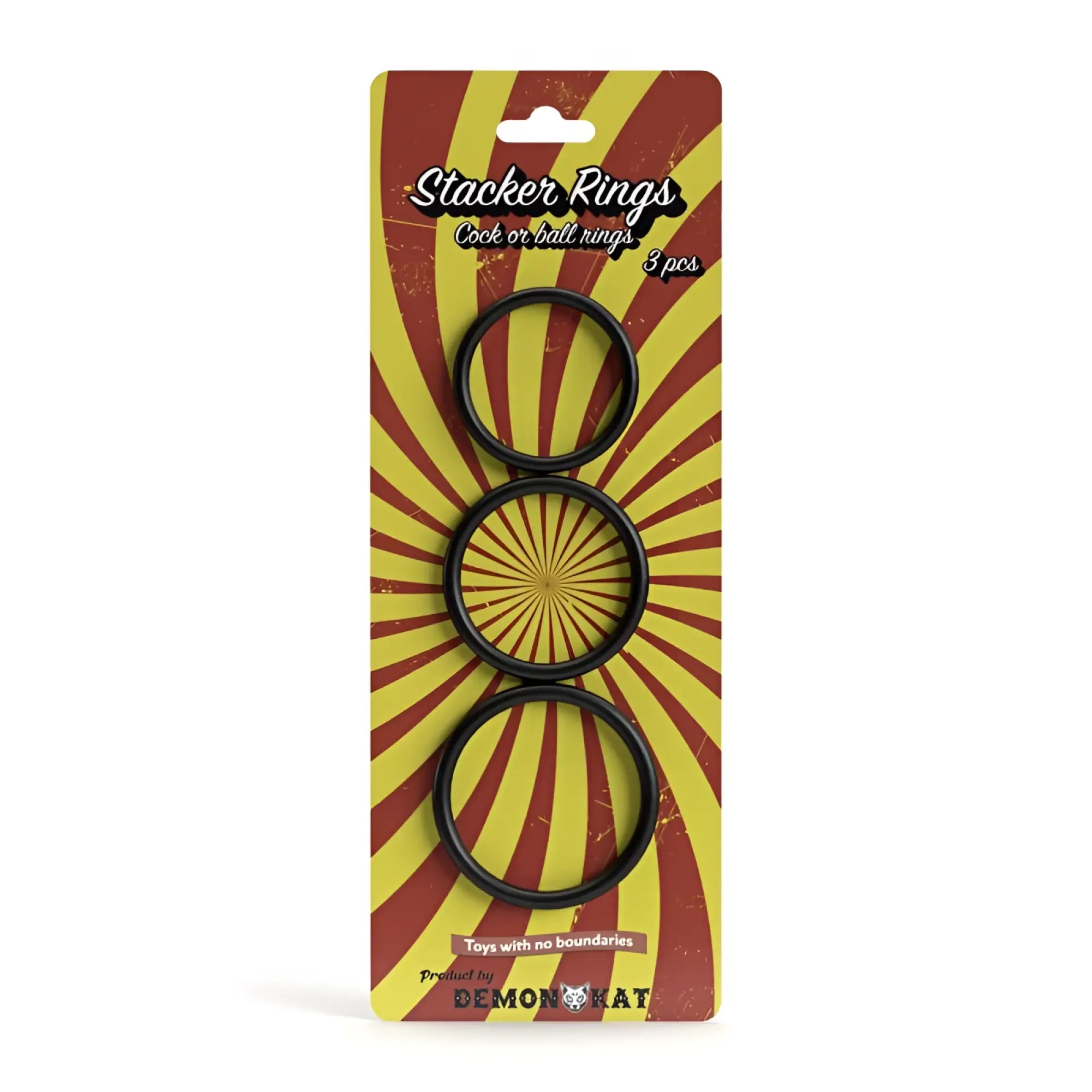 Demon kat stacker rings 3 pc set black silicone stacker rings in package with red and yellow sunburst design