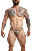Black and gray camouflage patterned thong with metal chain straps showing back side from dngeon snap jockstrap camo