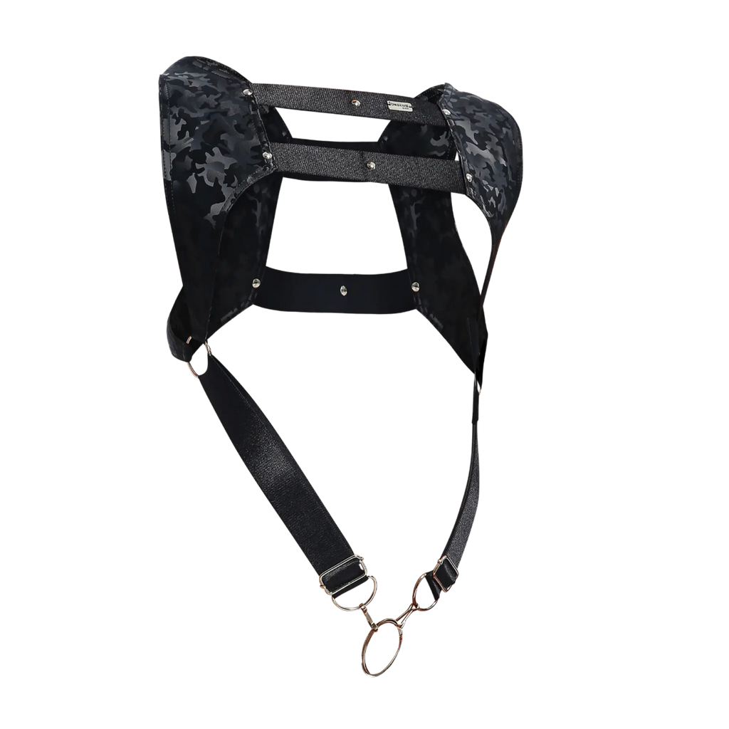 Dngeon croptop harness camo in black camouflage pattern with metallic hardware and adjustable straps front view
