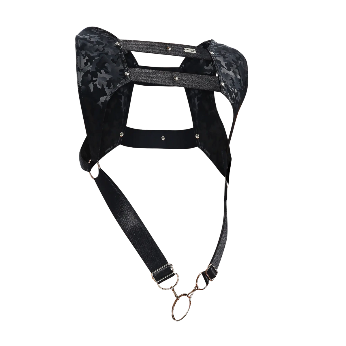 Dngeon croptop harness camo in black camouflage pattern with metallic hardware and adjustable straps front view