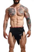 Dngeon fire skirt black mesh shorts with red waistband and silver studs along the edges