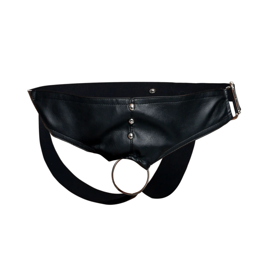 Black leather belt bag with silver metal studs and a circular ring featured in the DNGEON C-ring Jockstrap product