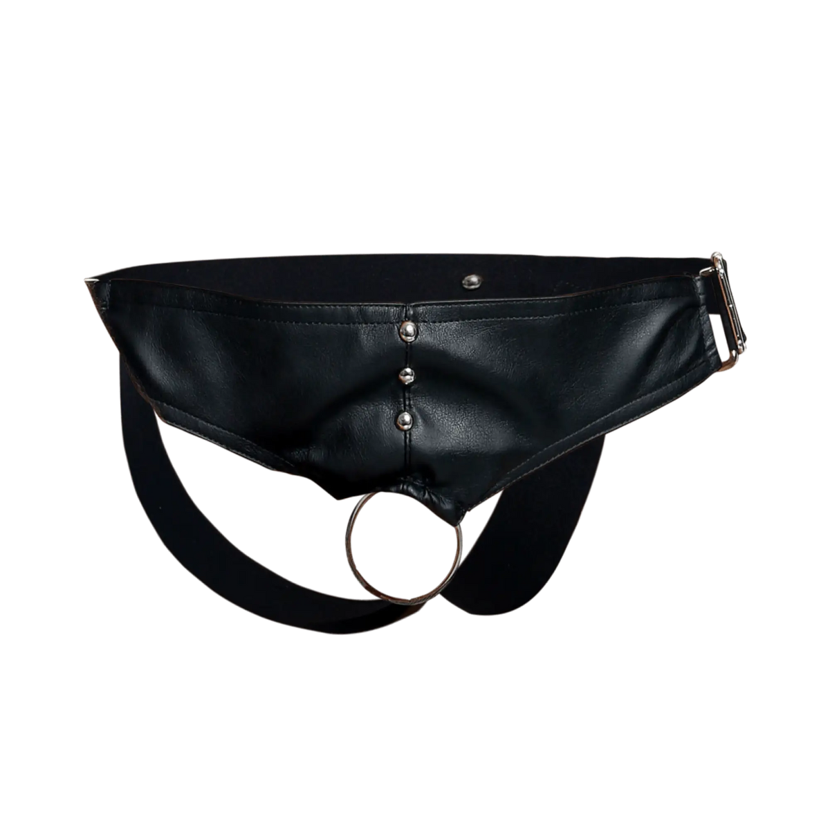 Black leather belt bag with silver metal studs and a circular ring featured in the DNGEON C-ring Jockstrap product
