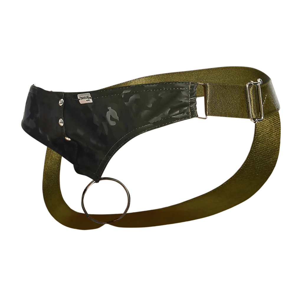 Olive green utility belt with black camouflage leather patch and silver metal buckle for dngeon c ring jockstrap camo