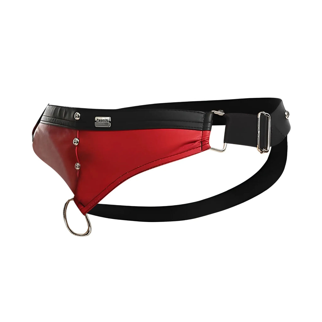 Red and black leather thong belt with silver hardware for DNGEON C-ring jockstrap showing the back side