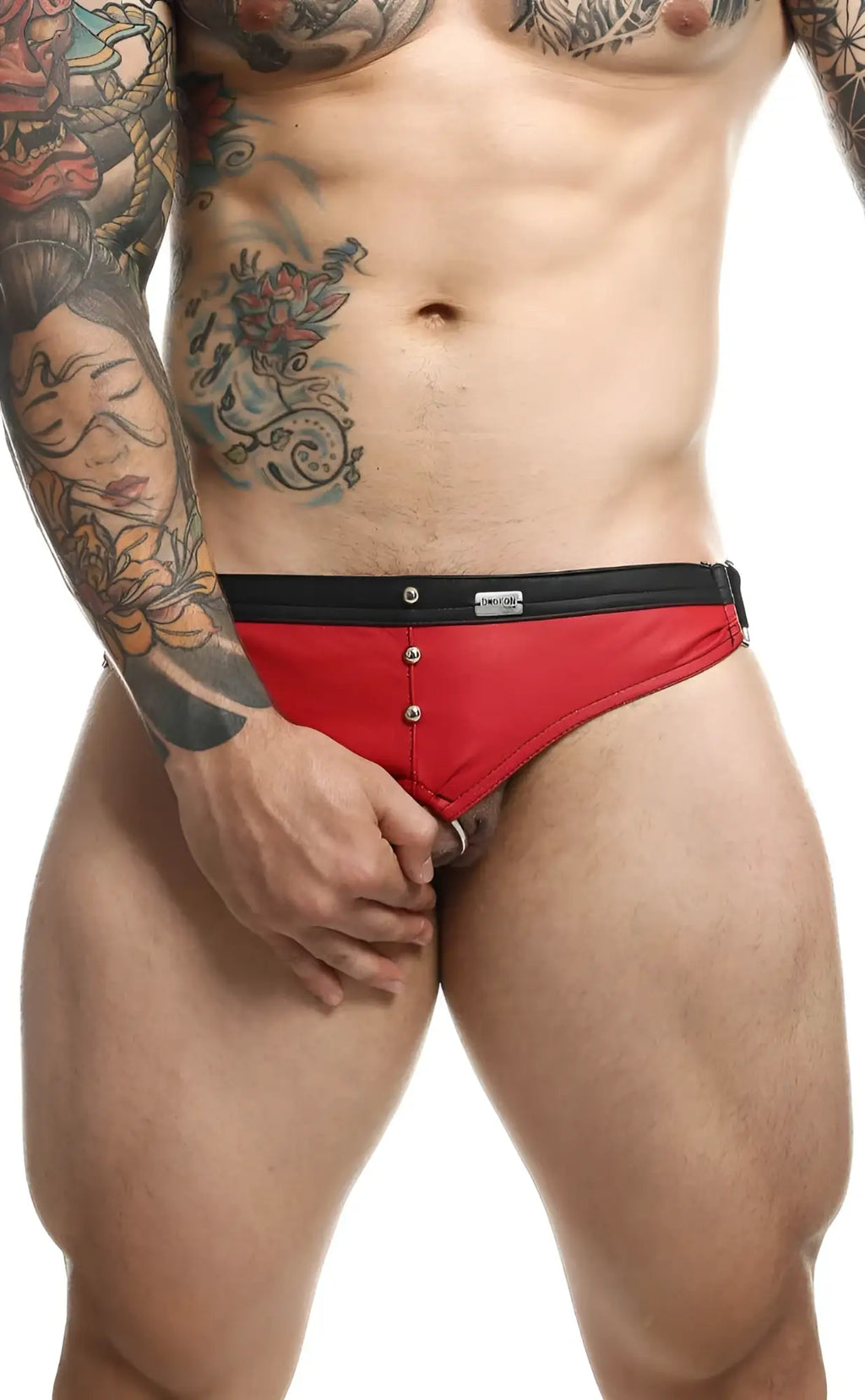 Red and black DNGEON c-ring jockstrap menâ€™s briefs with button closure for secure fit and comfort