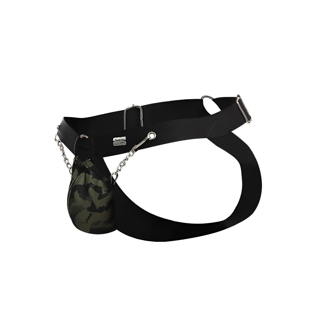 Black elastic belt with camouflage pouch attached by silver chain featured on dngeon chain jockstrap back side