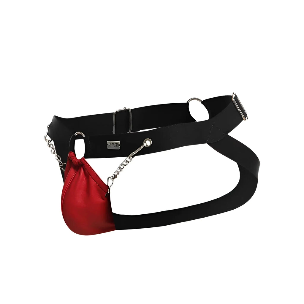 Black leather dngeon chain jockstrap with vibrant red satin pouch attached by silver chain for bold wear