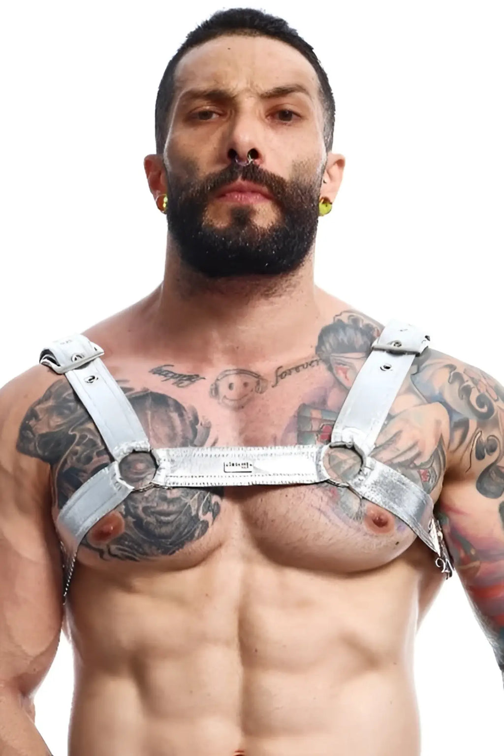 Dngeon classic belt harness silver metallic leather with adjustable straps and circular metal buckles