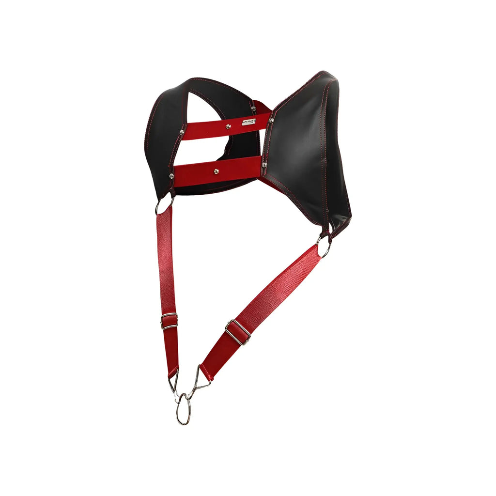Dngeon croptop harness in black and red leather with silver-toned metal hardware for edgy fashion looks