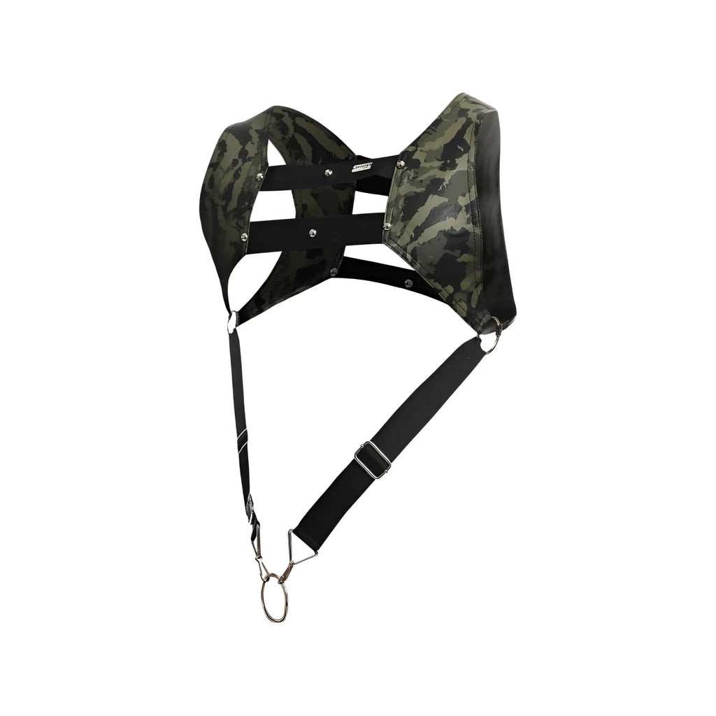 Dngeon croptop harness camouflage chest harness with black straps and metal hardware for adjustable fit