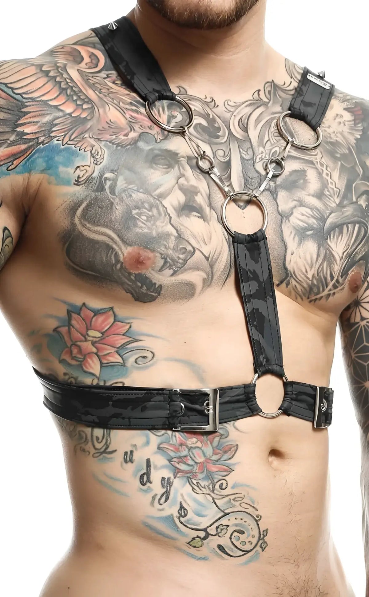 Black leather cross chain harness by dngeon with silver metal rings and buckles for adjustable fit