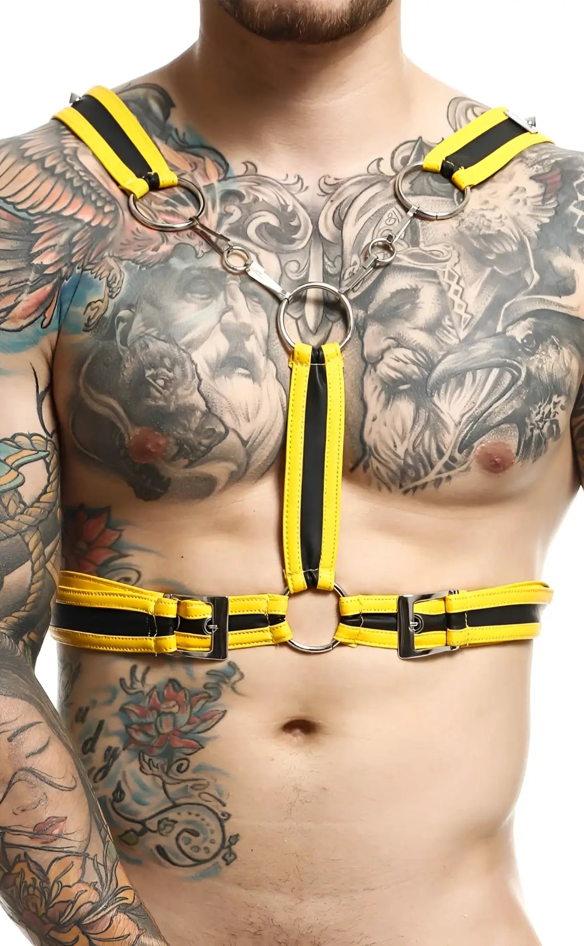 Dngeon cross chain harness in bright yellow and black striped leather with metal rings and buckles