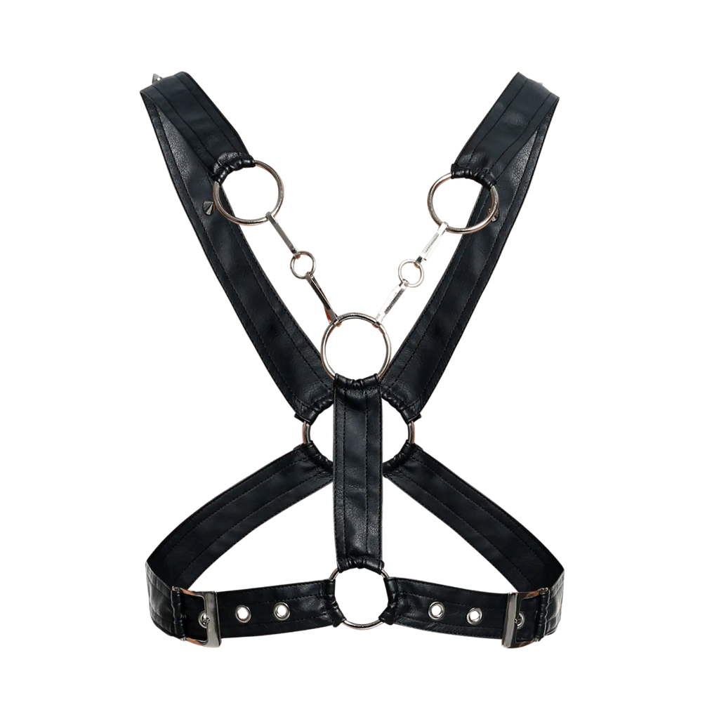 Black faux leather dngeon cross chain harness with silver metal rings and buckles showing front view