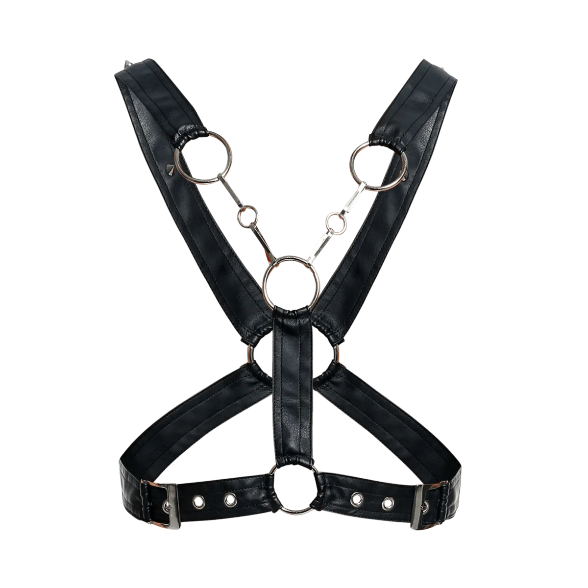 Black faux leather DNGEON cross chain harness with silver metal rings and buckles front view