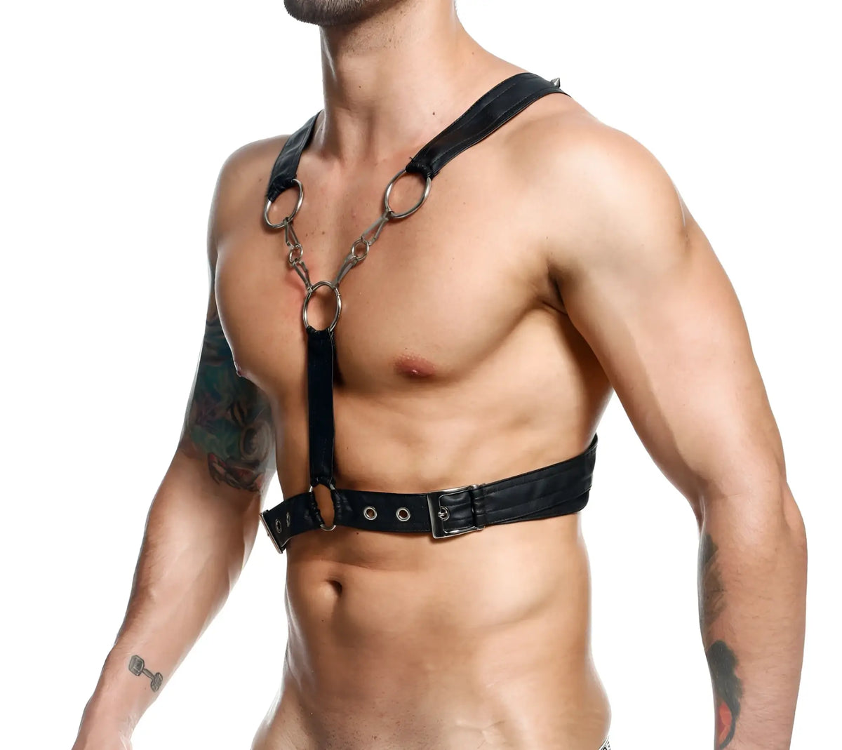 Black leather cross chain harness with metal rings and central chain by dngeon for edgy fashion styles