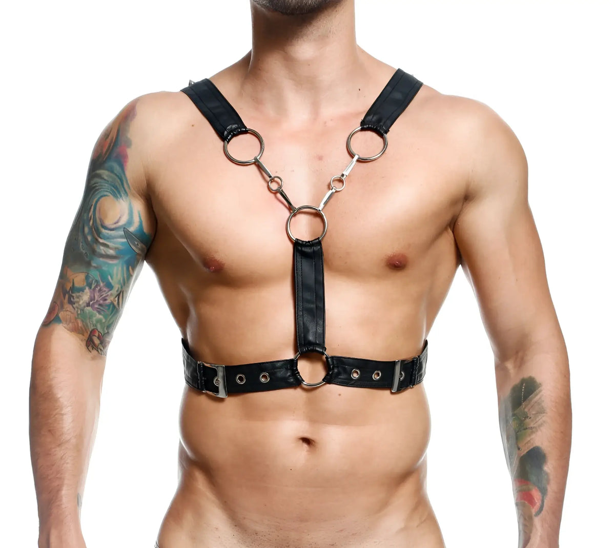 Black leather cross chain harness by DNGEON with silver metal rings and buckles for adjustable fit