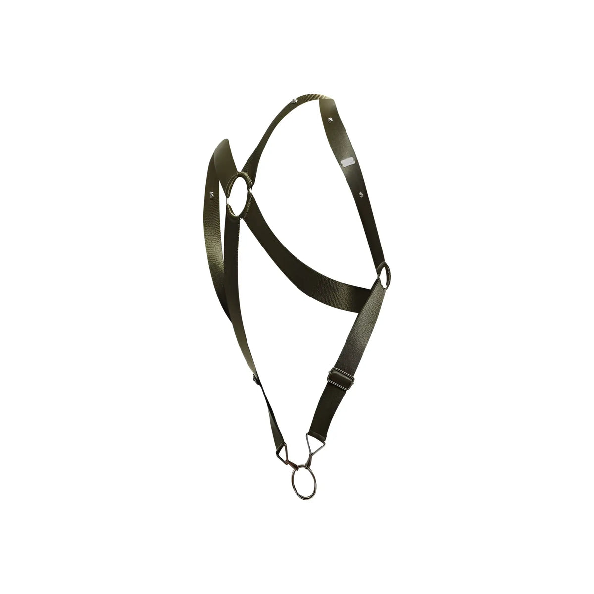 Black leather DNGEON crossback harness with metal rings and adjustable straps shown from the back side