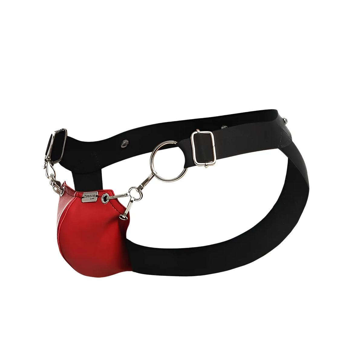 Dngeon snap jockstrap with red glossy leather pouch attached to black elastic belt with silver metal hardware