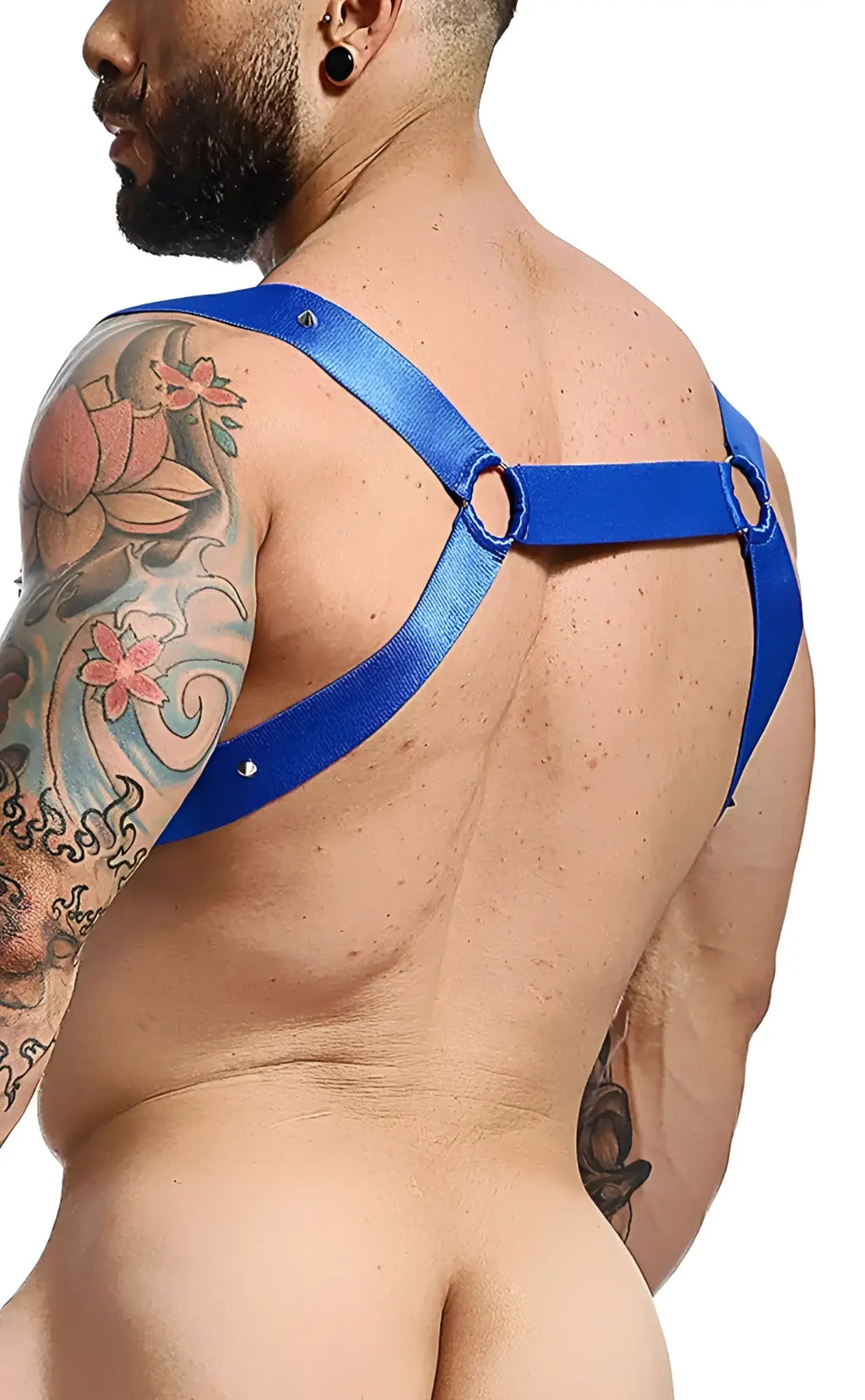 Blue satin strap harness with circular metal rings shown from the back in the DNGEON Straight back Harness Mirror product