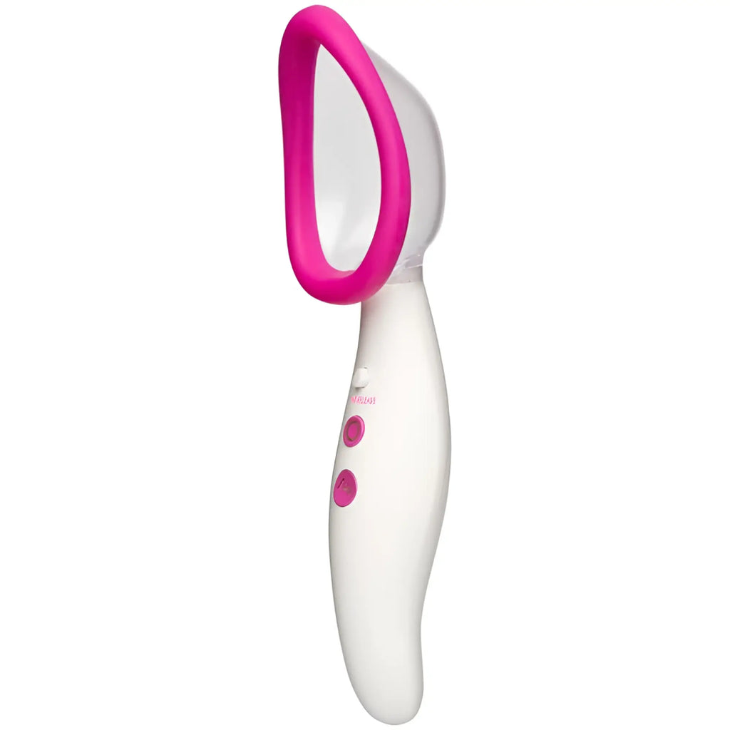 Doc johnson automatic vibrating rechargeable pussy pump handheld facial suction device with pink and white curved handle and two buttons