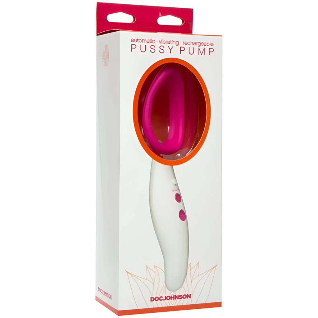 A vibrant pink and white doc johnson automatic vibrating rechargeable pussy pump with ergonomic design and three control buttons
