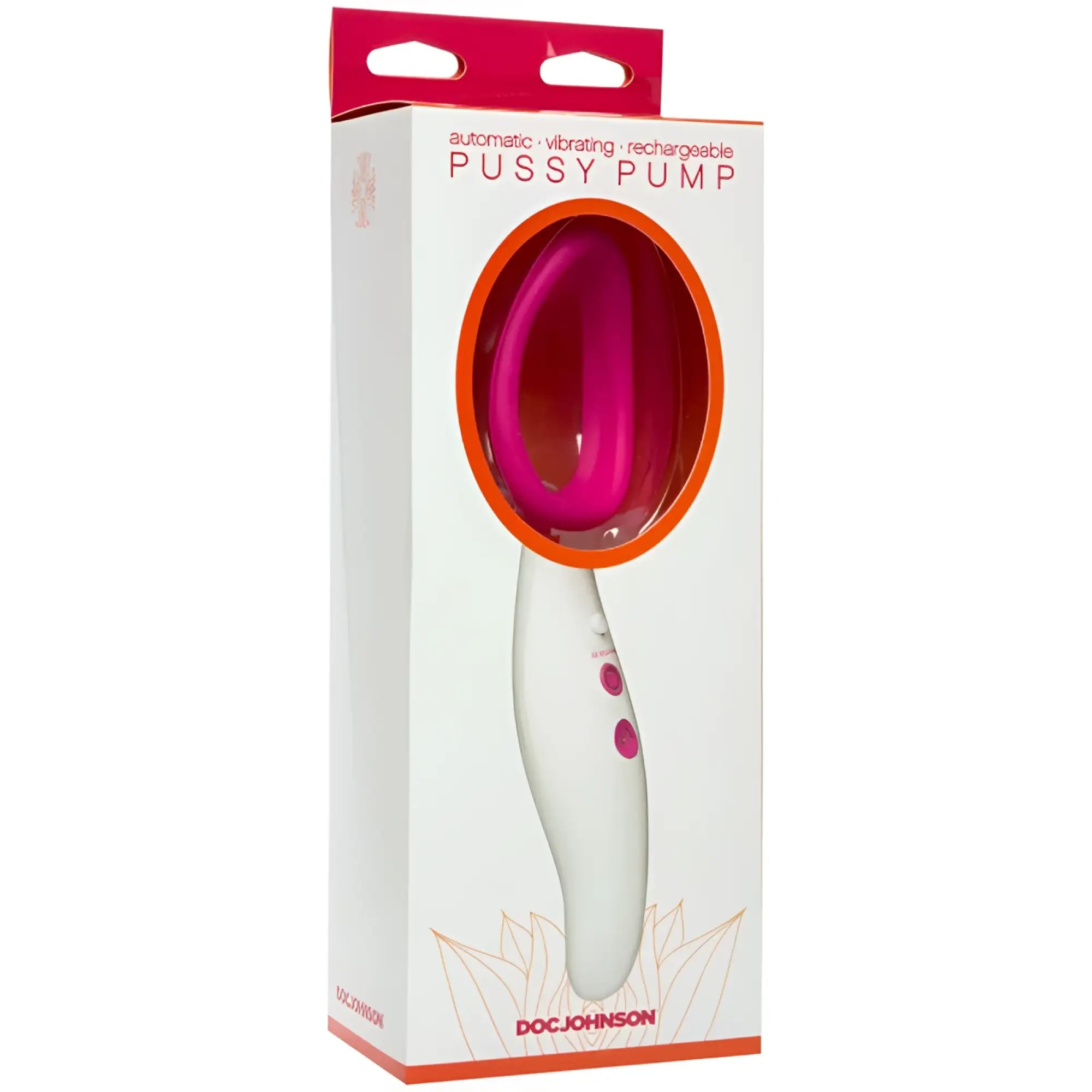 A vibrant pink and white doc johnson automatic vibrating rechargeable pussy pump with ergonomic design and three control buttons