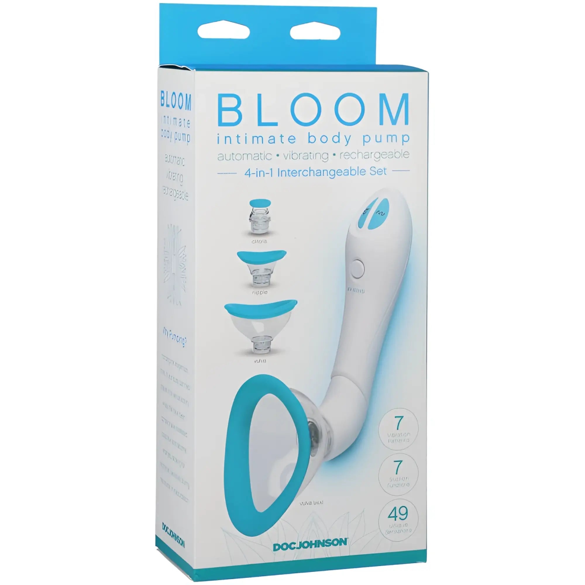 Doc johnson bloom intimate body pump in white and teal with interchangeable attachments for customizable use
