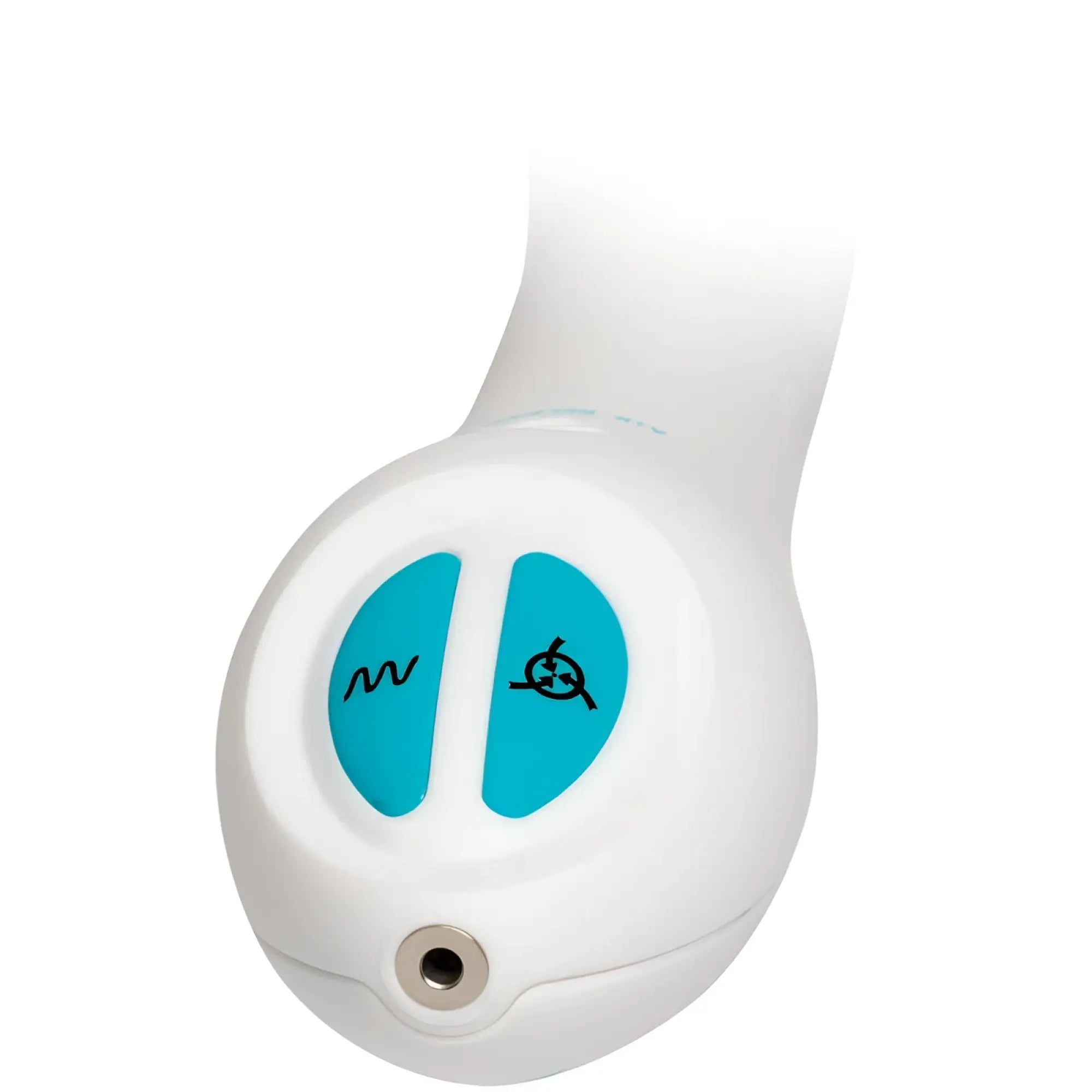 White plastic doc johnson bloom intimate body pump with two turquoise wave and gear buttons and metallic port bottom