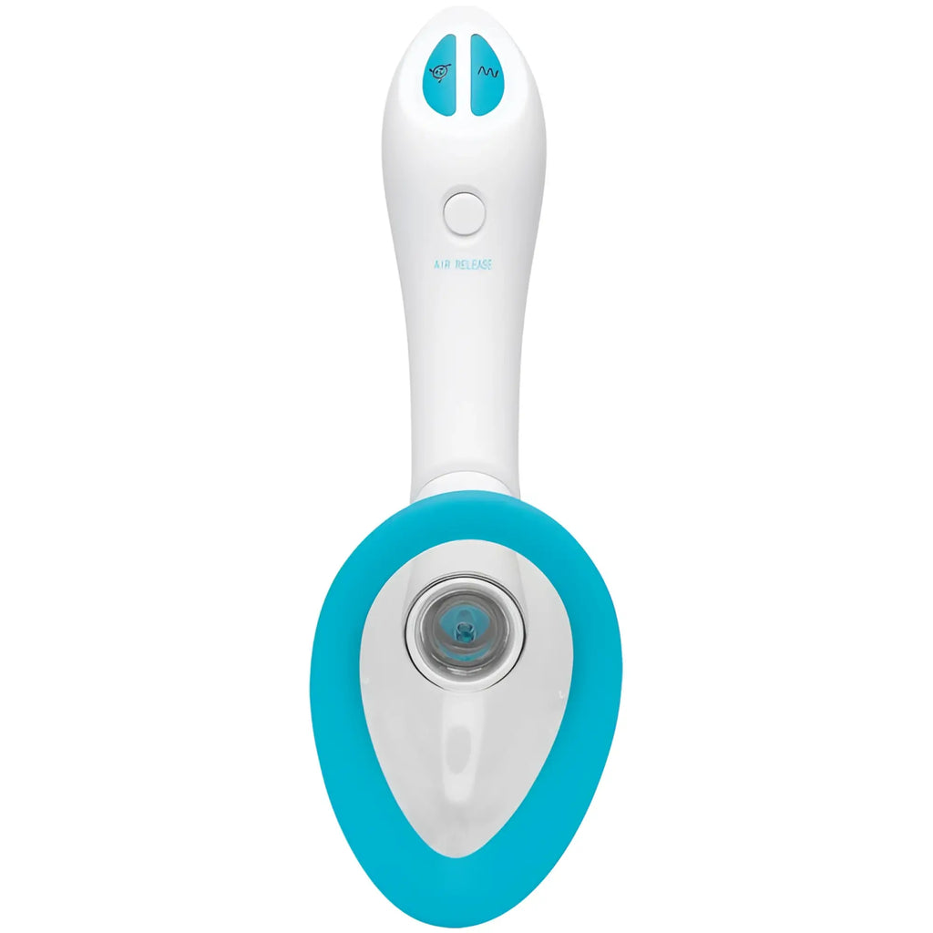 Doc Johnson Bloom intimate body pump handheld air release device with white teal ergonomic handle and silicone chamber