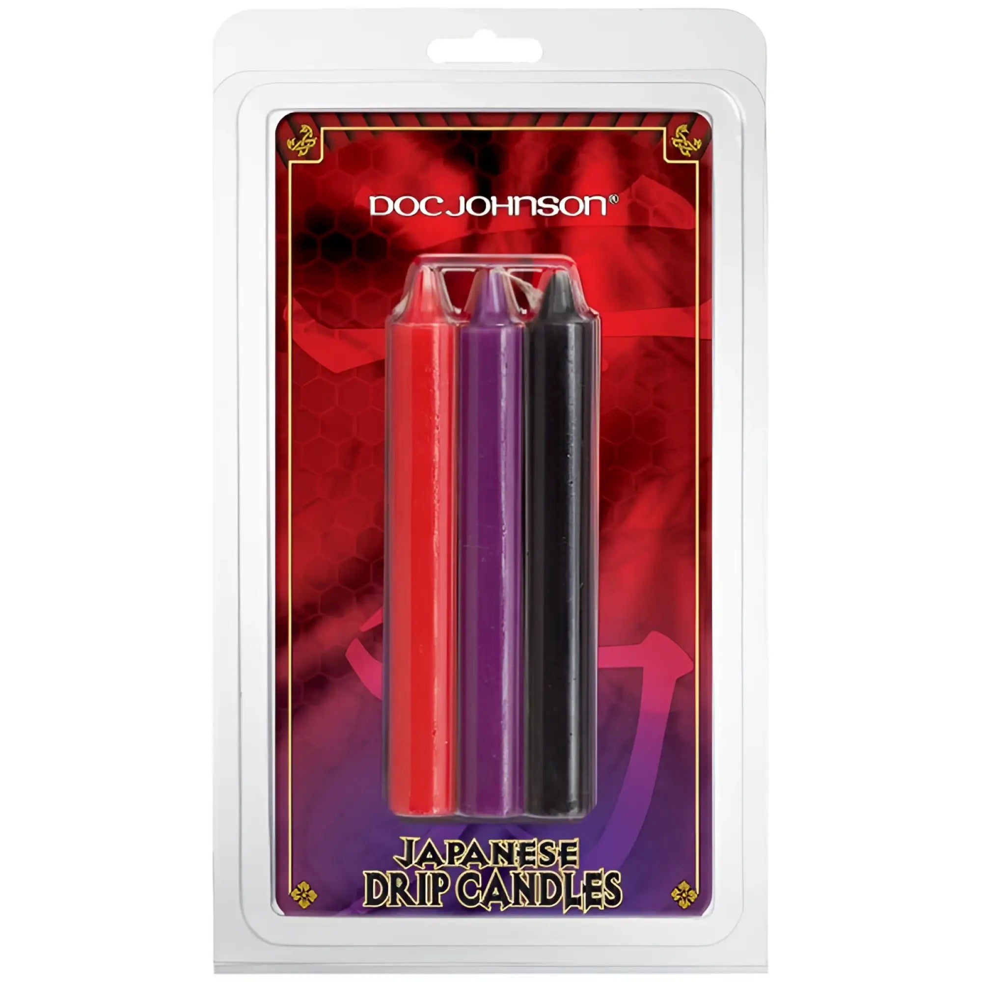 Doc Johnson Japanese drip candles 3 pc set in red purple and black featuring textured wax drip design