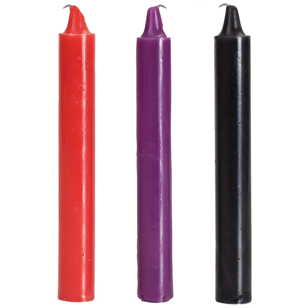 Doc Johnson Japanese Drip candles 3 pc set featuring slender cylindrical candles in red purple and black