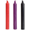 Doc Johnson Japanese Drip candles 3 pc set featuring slender cylindrical candles in red purple and black