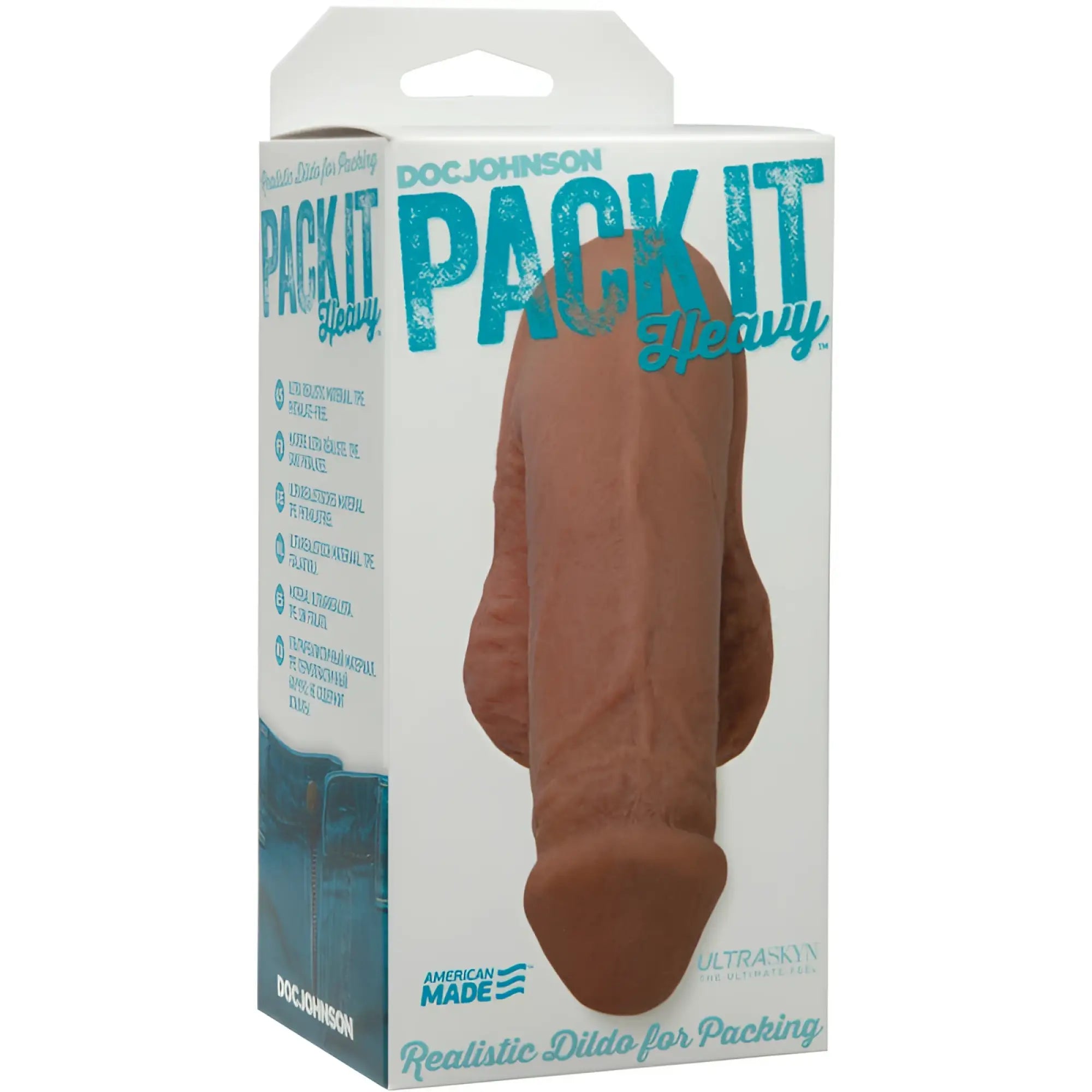 Brown realistic dildo made of ultraskin material in doc johnson pack it heavy caramel package