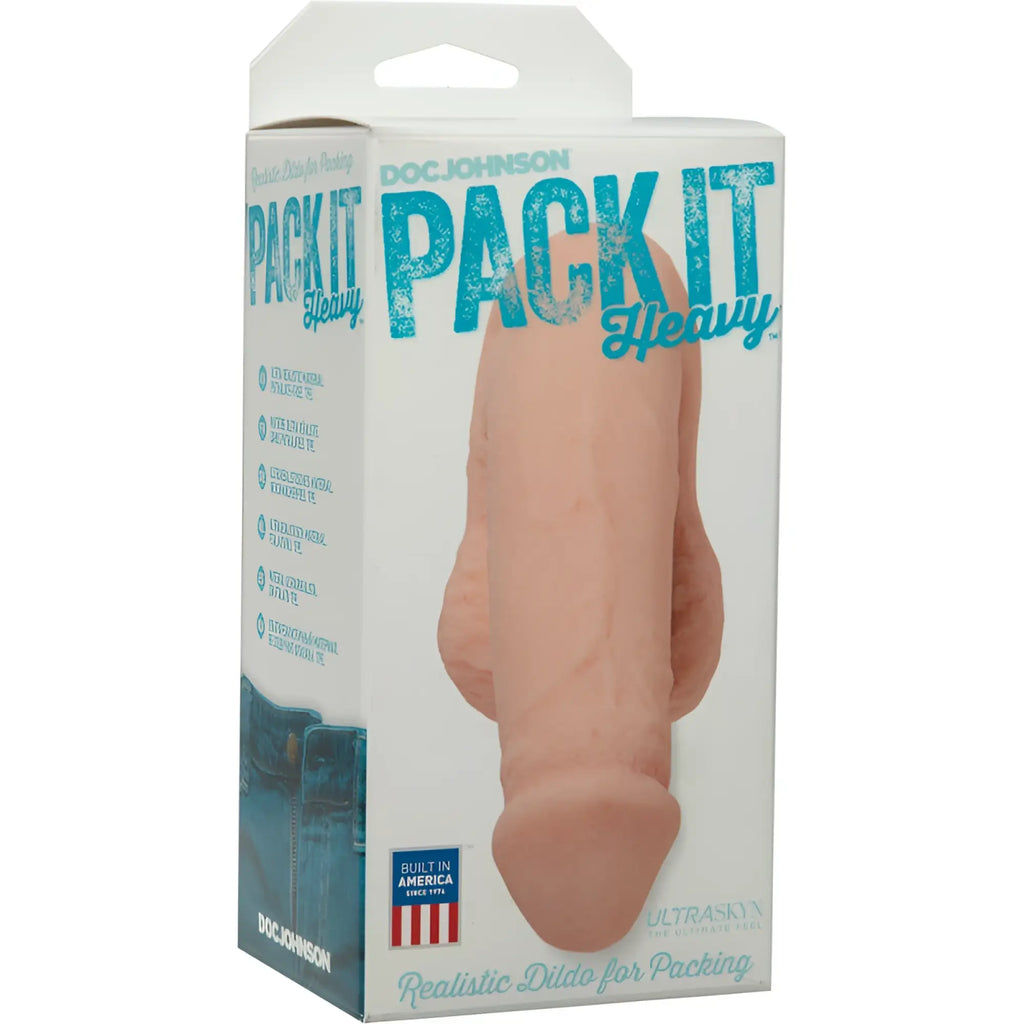 Doc Johnson pack it heavy realistic dildo for packing peach colored silicone with textured surface and tapered design