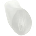 A translucent white silicone dental mold shaped like a human tooth from doc johnson palm pal ultraskyn pussy frosted clear