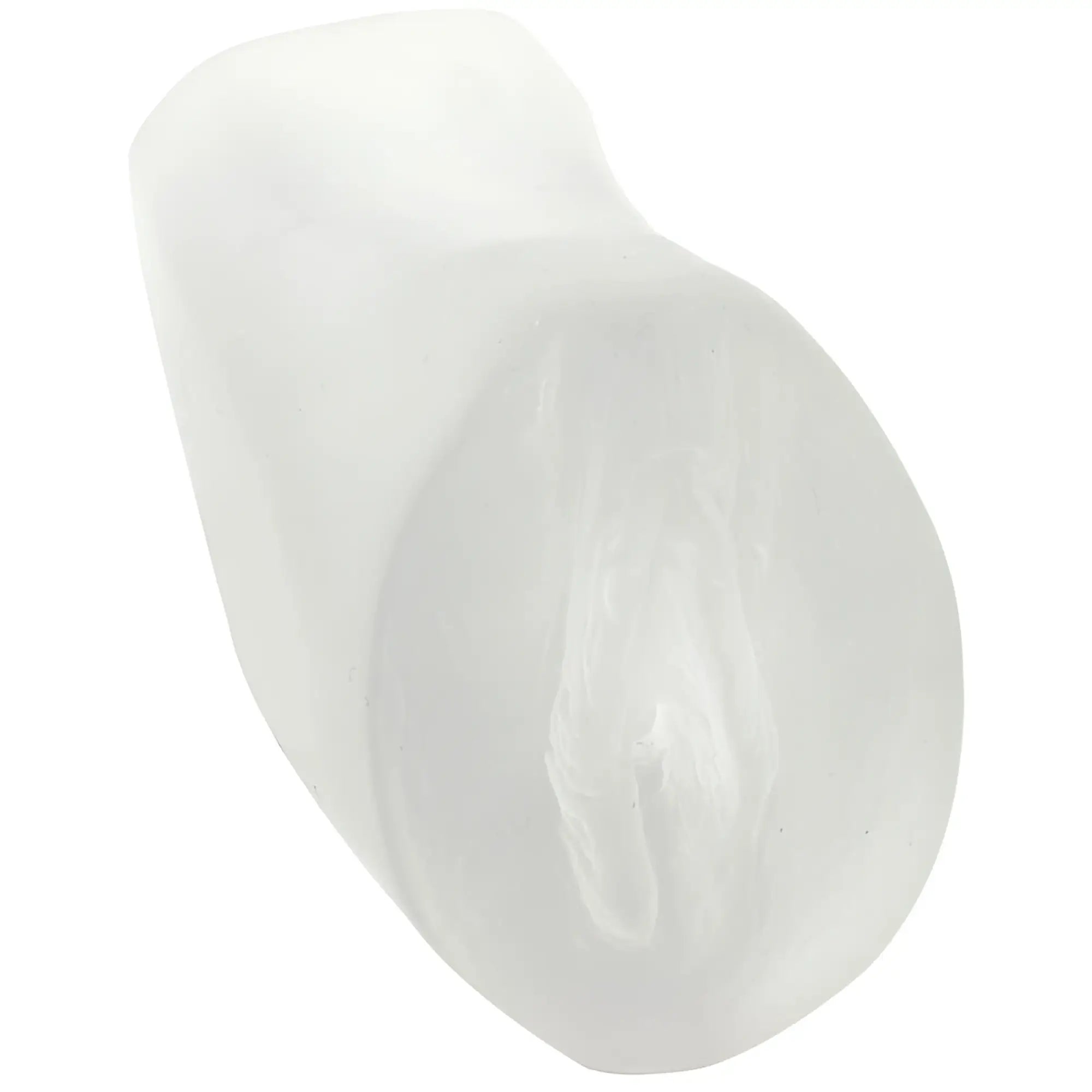 A translucent white silicone dental mold shaped like a human tooth from doc johnson palm pal ultraskyn pussy frosted clear