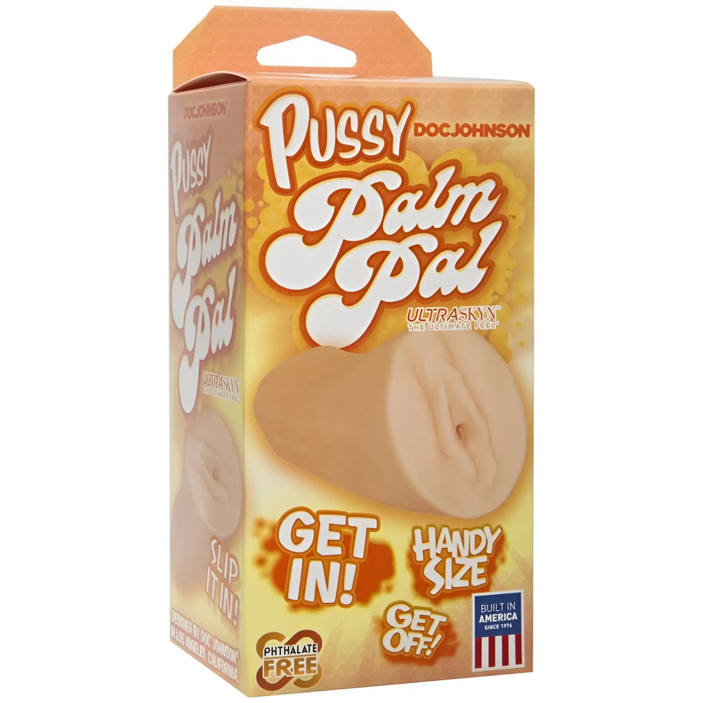 Doc Johnson Palm Pal Ultraskyn Pussy white beige silicone toy with ergonomic design and realistic texture front view