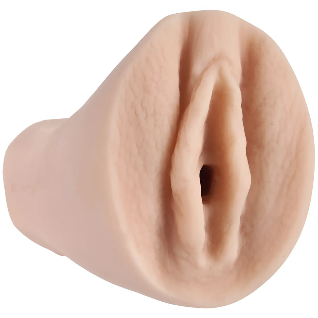Beige silicone anal plug with realistic textured surface and central opening from Doc Johnson Palm Pal Ultraskyn Virgin Pussy white