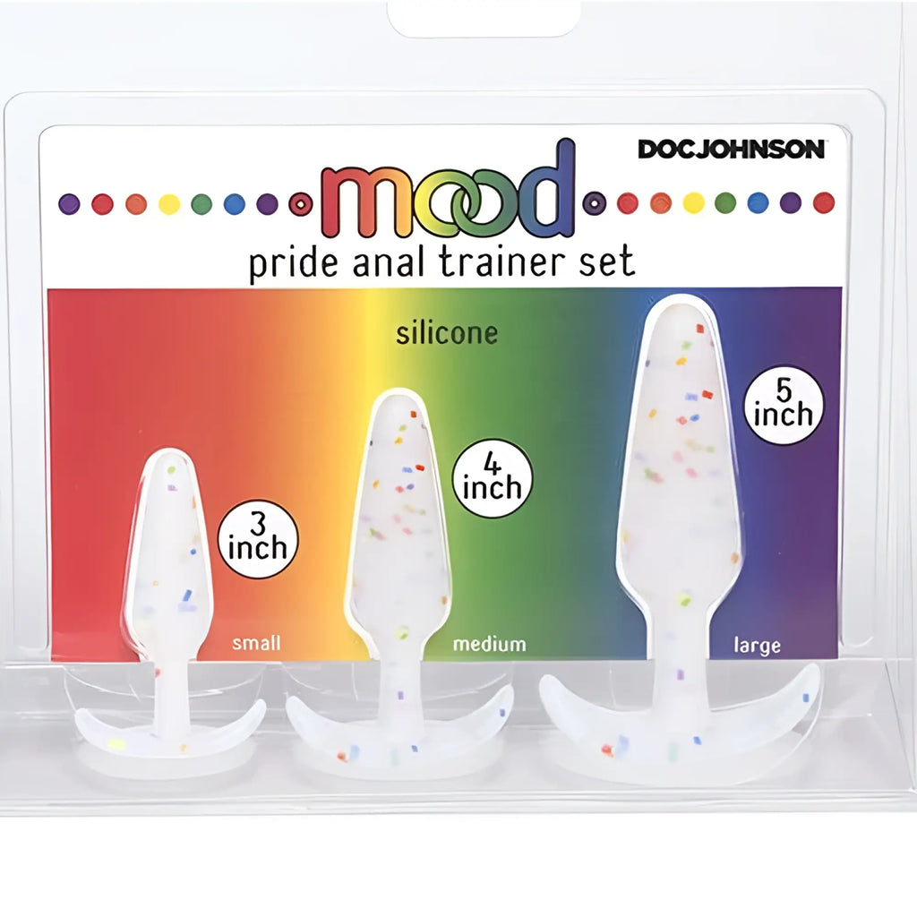Doc Johnson pride anal trainer set white silicone anal plugs with colorful speckles in small medium and large sizes