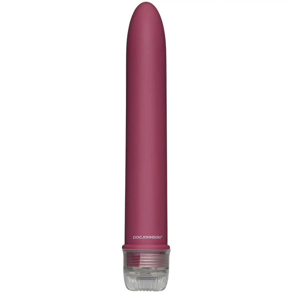 A sleek matte burgundy doc johnson velvet touch vibe dusty rose vibrating wand with clear base and textured grip