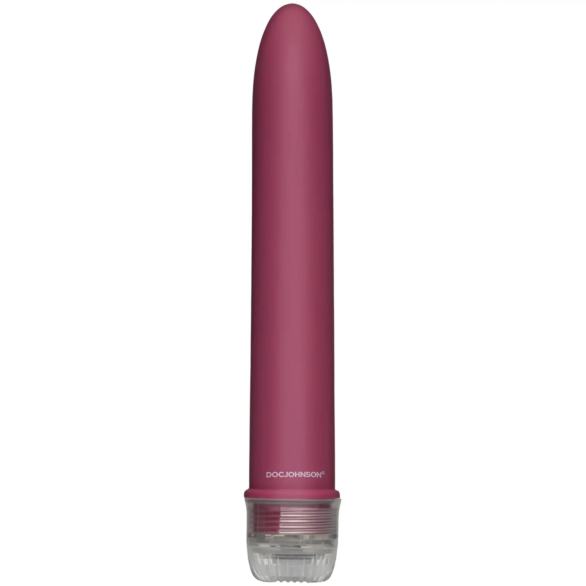 A sleek matte burgundy doc johnson velvet touch vibe dusty rose vibrating wand with clear base and textured grip