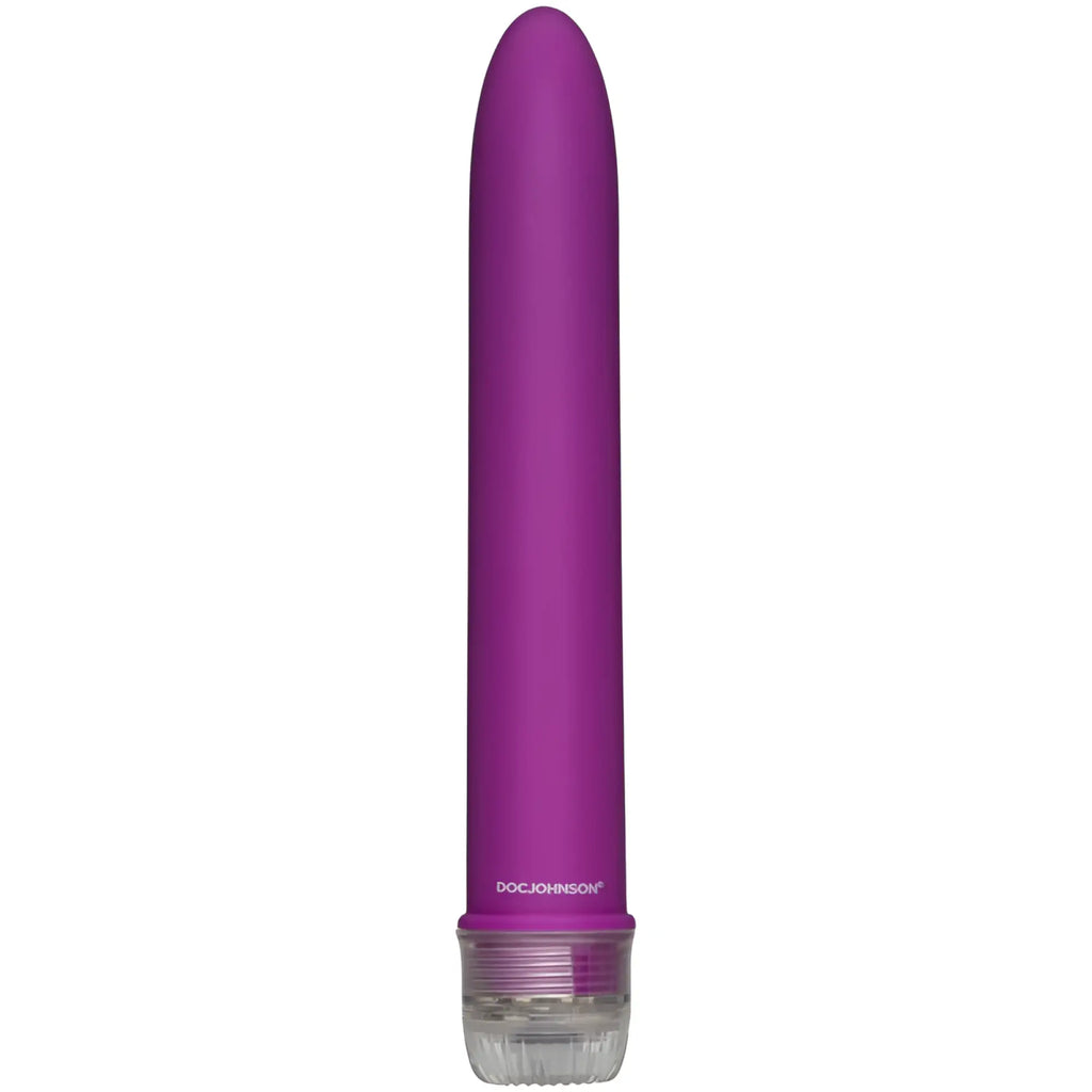 Doc Johnson Velvet Touch Vibe magenta purple silicone vibrato wand with clear plastic base and docjohnson branding