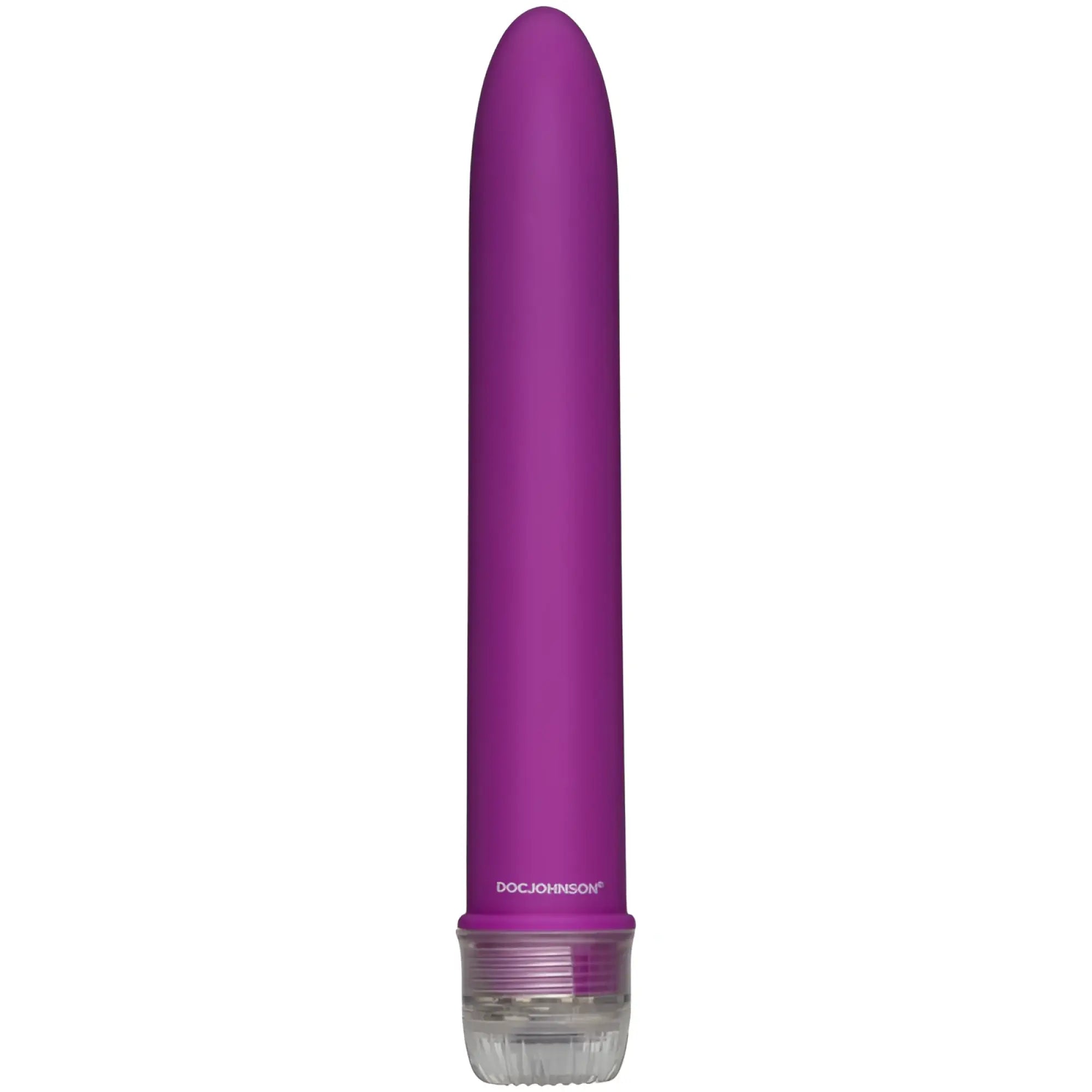 Doc Johnson Velvet Touch Vibe magenta purple silicone vibrato wand with clear plastic base and docjohnson branding