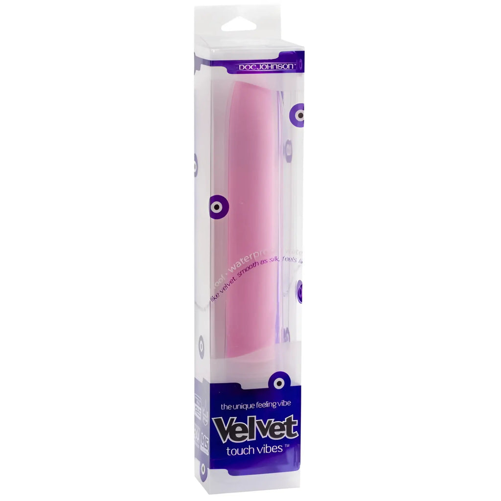 Doc Johnson velvet touch vibe in pink featuring a soft velvet texture for a smooth and comfortable experience