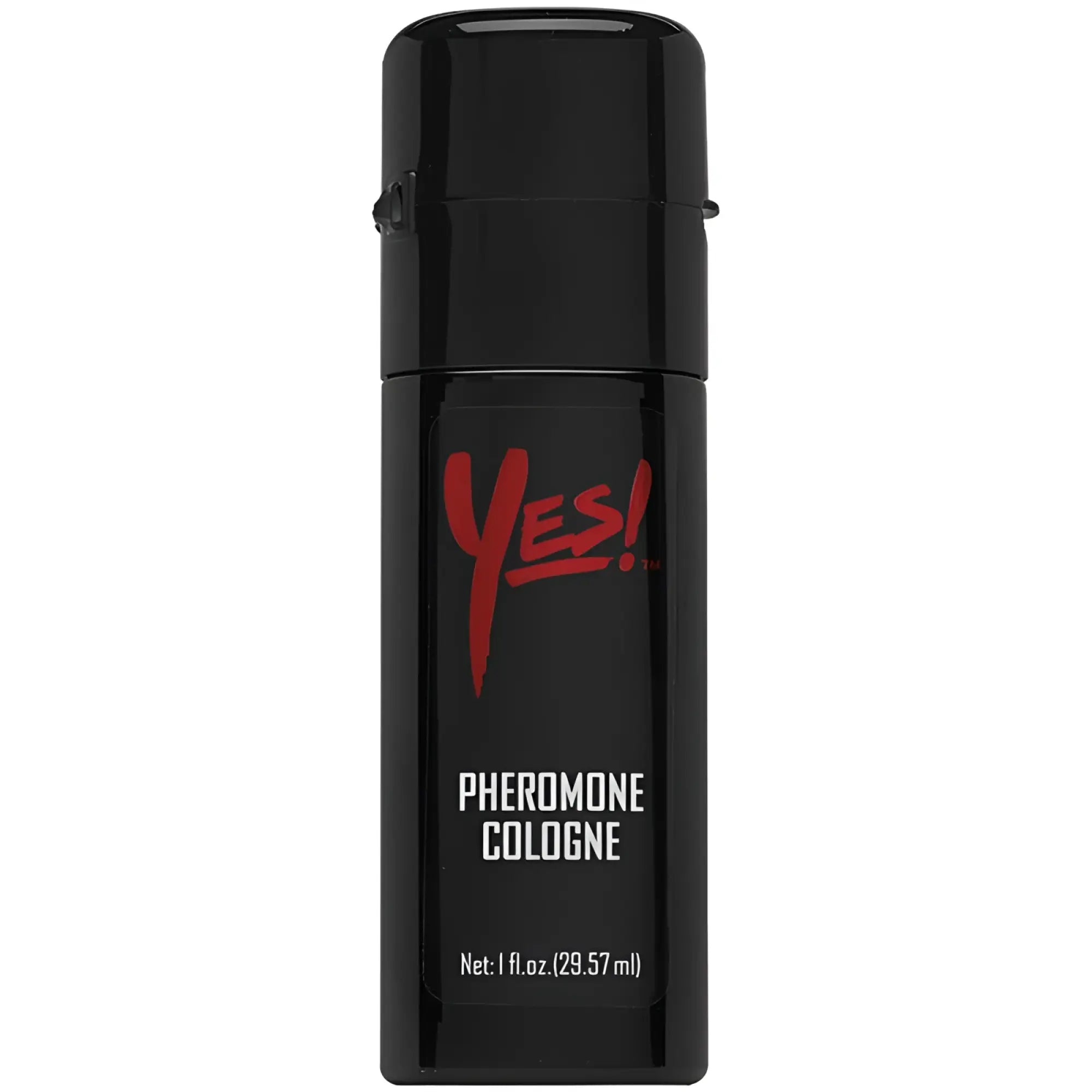 Black cylindrical spray bottle with glossy finish labeled yes pheromone cologne by Doc Johnson 29.5ml